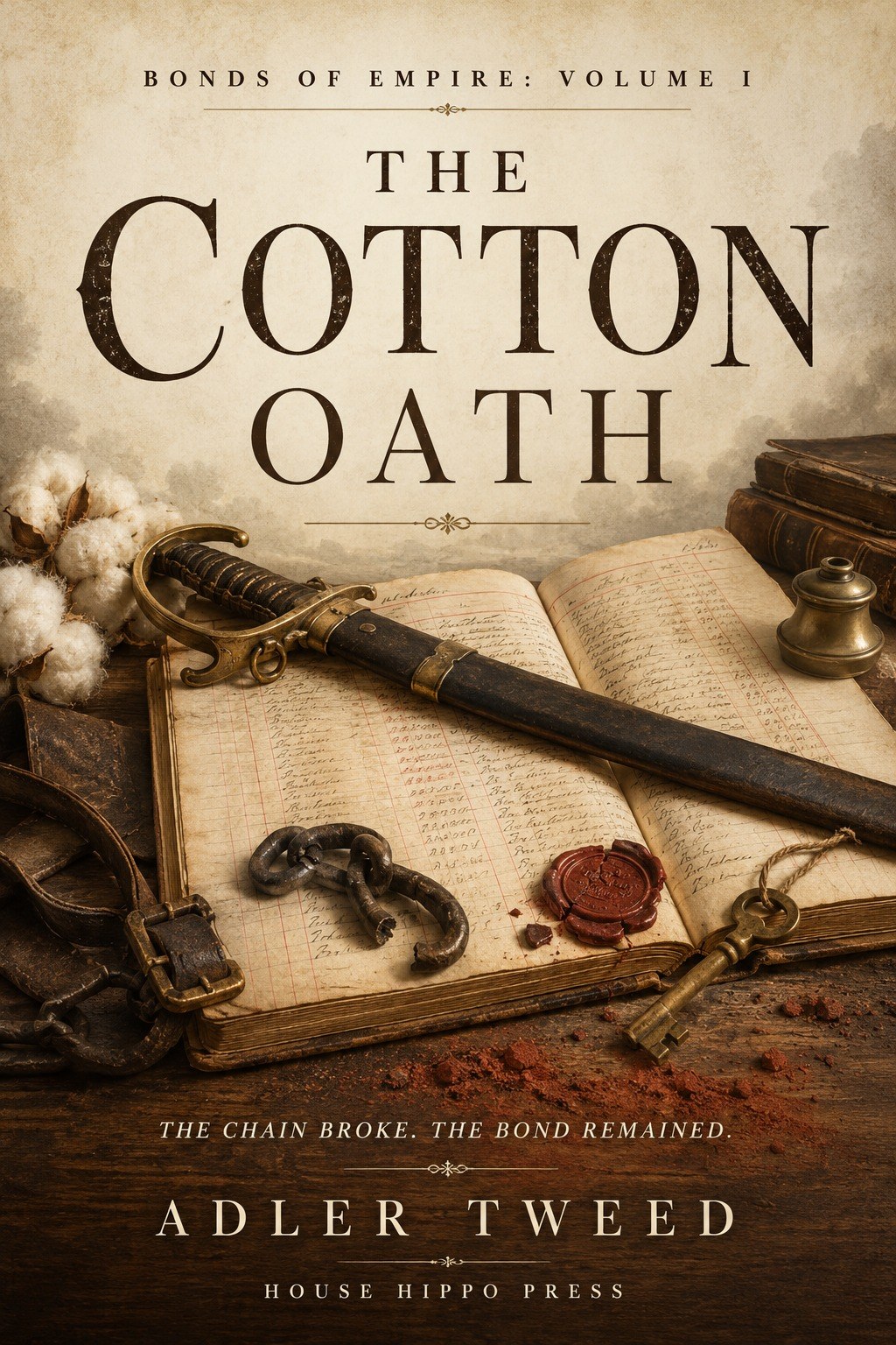 Book cover for Bonds of Empire: Volume I - The Cotton Oath by Adler Tweed, showing cotton bolls, a saber across an open ledger, a broken chain link, red wax seal, old key, clay dust, and the House Hippo Press imprint.