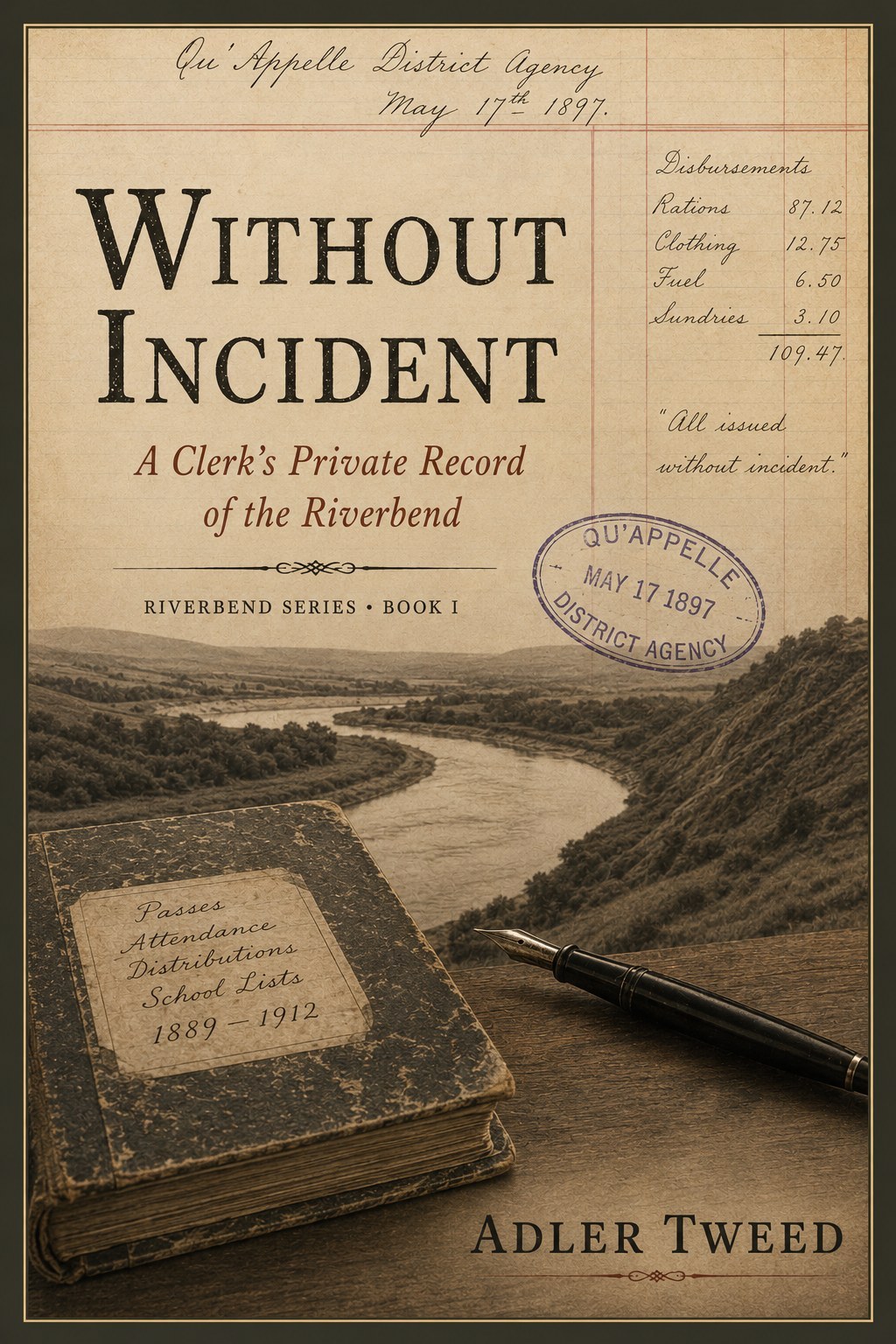 Book cover for Without Incident by Adler Tweed, showing a period record book and pen on a muted historical landscape.